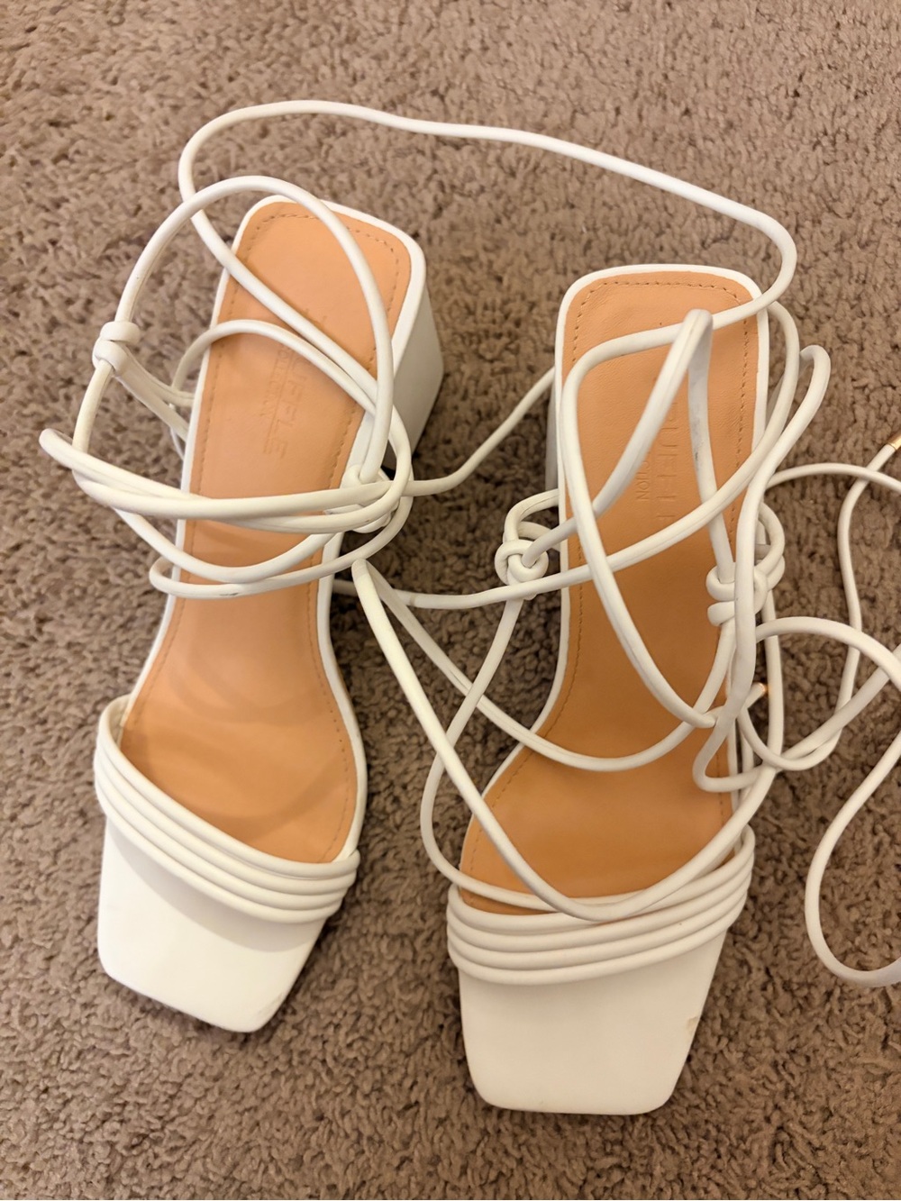 White Strappy Block Heel Sandals with Wrap Tie
